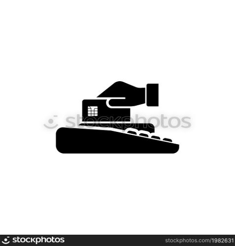 Businessman Hand with Credit Card, POS PDQ Terminal. Flat Vector Icon illustration. Simple black symbol on white background. Hand with Card, POS PDQ sign design template for web and mobile UI element. Businessman Hand with Credit Card, POS PDQ Terminal Flat Vector Icon