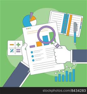Businessman hand with magnifying glass over chart. Business analysis, accounting and business financial report concept.