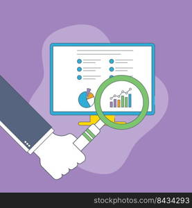 Businessman hand with magnifying glass over chart in computer screen. Business analysis, accounting and business financial report concept.