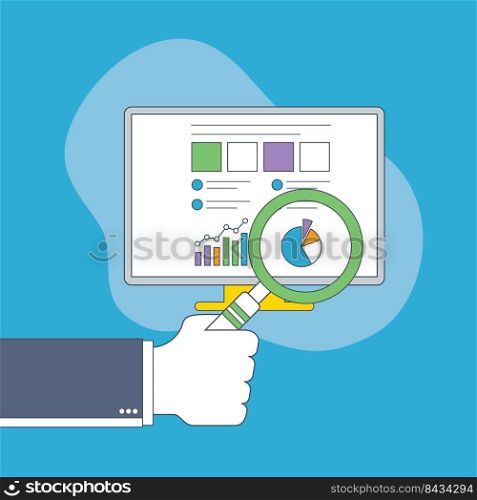 Businessman hand with magnifying glass over chart in computer screen. Business analysis, accounting and business financial report concept.