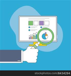 Businessman hand with magnifying glass over chart in computer screen. Business analysis, accounting and business financial report concept.