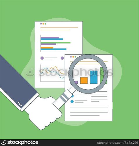 Businessman hand with magnifying glass over chart in financial report. Business analysis, accounting and business financial report concept.
