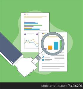 Businessman hand with magnifying glass over chart in financial report. Business analysis, accounting and business financial report concept.