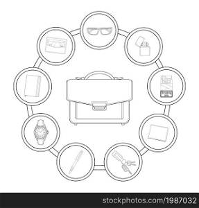 Businessman handbag contents. Vector contour lines objects illustrations isolated on white. Businessman handbag contents
