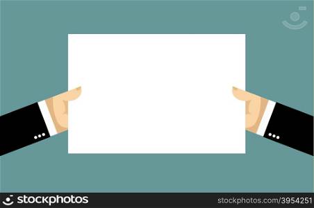 Businessman hands and billboard. Two hands hold white sheet of paper. Blank banner space for your text&#xA;