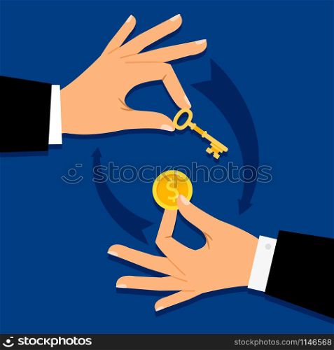 Businessman hands giving money for key. Buing vector illustration. Businessman hands giving money for key