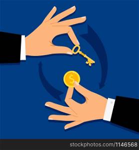 Businessman hands giving money for key. Buing vector illustration. Businessman hands giving money for key