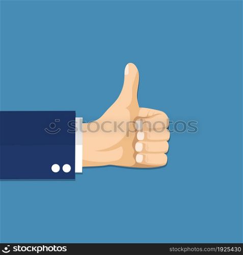 Businessman hands hold thumbs up. vector illustration in flat design. Financials, work motivation. Businessman hands hold thumbs up.