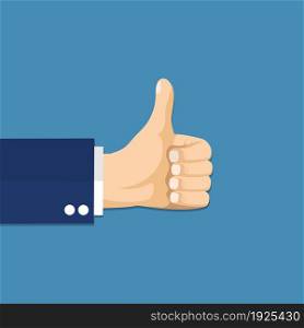 Businessman hands hold thumbs up. vector illustration in flat design. Financials, work motivation. Businessman hands hold thumbs up.