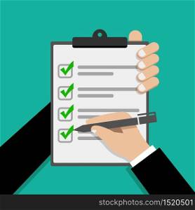Businessman hands holding clipboard checklist with pen in a flat design.Vector illustration.