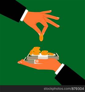 Businessman hands holding coins and banknotes. Giving or counting money vector illustration. Businessman hands holding money