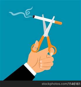 Businessman hands holding scissors cut a cigarette, vector illustration. Hands holding scissors cuting cigarette