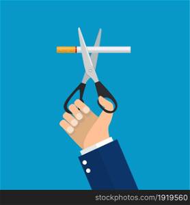Businessman Hands holding scissors cut a cigarettes. Vector illustration in flat style. man Hands holding scissors cut a cigarettes