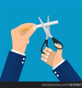 Businessman Hands holding scissors cut a cigarettes. Vector illustration in flat style. man Hands holding scissors cut a cigarettes