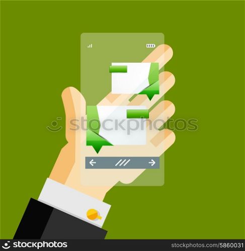Businessman hands on mobile phone with web dialog box. Communication, mobility or internet service concept