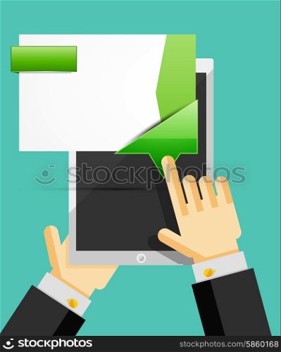 Businessman hands on mobile tablet with web dialog box. Communication, mobility or internet service concept