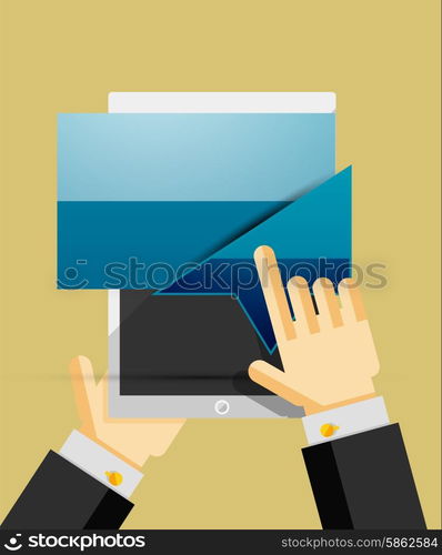 Businessman hands on mobile tablet with web dialog box. Communication, mobility or internet service concept