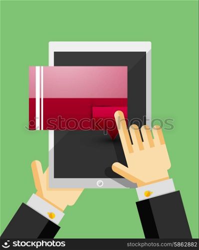 Businessman hands on mobile tablet with web dialog box. Communication, mobility or internet service concept