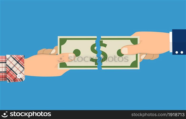 businessman hands tearing apart money banknote into two peaces. vector illustration in flat design. businessman hands tearing money banknote
