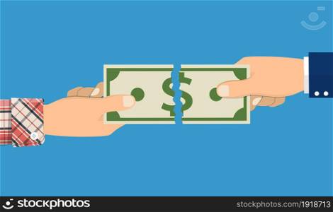 businessman hands tearing apart money banknote into two peaces. vector illustration in flat design. businessman hands tearing money banknote
