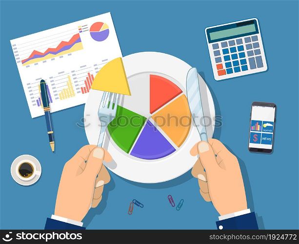 Businessman hands with knife and fork cut chart pie peace. financial reports, calculator, coffee cup, pen. Business concept. Vector illustration in flat design. Businessman hands with knife and fork