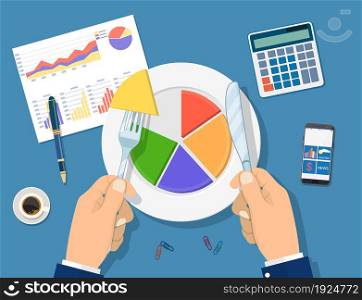 Businessman hands with knife and fork cut chart pie peace. financial reports, calculator, coffee cup, pen. Business concept. Vector illustration in flat design. Businessman hands with knife and fork