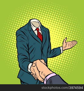 businessman handshake, a template without a head. Pop art retro vector illustration. businessman handshake, a template without a head