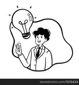 Businessman has an idea with creative light bulb vector illustration hand drawn style