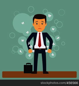 Businessman has no money. Business man standing with his pockets out. Vector illustration. Businessman has no money