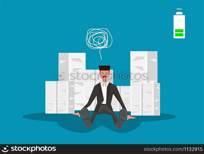 businessman have stressed for him hard working on many paper background with low battery illustrator