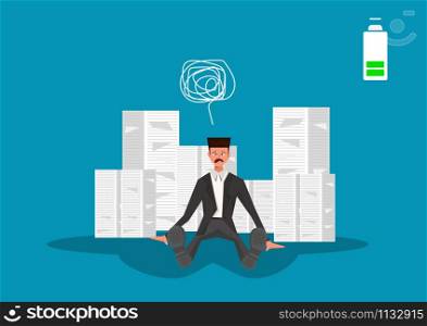 businessman have stressed for him hard working on many paper background with low battery illustrator