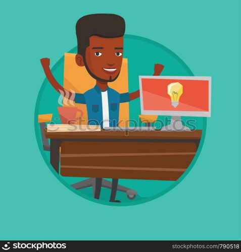 Businessman having business idea. Businessman working on a computer with a business idea bulb on a screen. Business idea concept. Vector flat design illustration in the circle isolated on background.. Creative excited businessman having business idea.