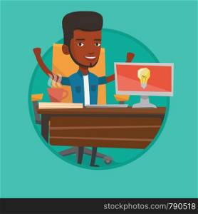 Businessman having business idea. Businessman working on a computer with a business idea bulb on a screen. Business idea concept. Vector flat design illustration in the circle isolated on background.. Creative excited businessman having business idea.