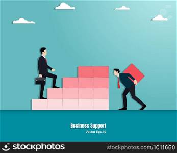 Businessman helping the manager by adding the last step. Employee support, Growth concept, Achievement, Team, Vector illustration flat