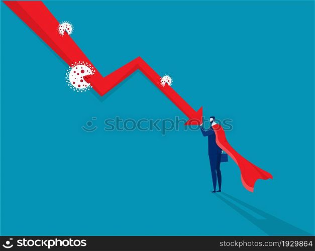 Businessman hero pushing falling graph down.situation coronavirus concept vector
