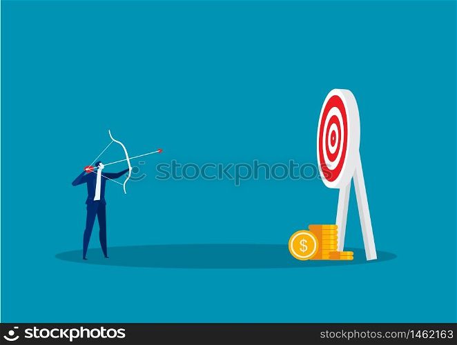 Businessman hitting target with bow and arrow to target concept vector.