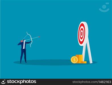 Businessman hitting target with bow and arrow to target concept vector.