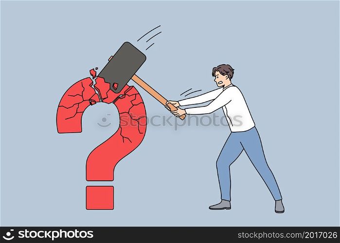 Businessman hold hammer crash huge question mark find business solution to problem. Male employee or worker look for trouble solving, make decision or choice. Vector illustration, cartoon character. . Businessman crash question mark with hammer