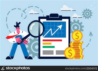 Businessman hold magnifying glass analyze financial trends check graphs and charts. Man employee with magnifier consider business finance statistics. Money and banking. Vector illustration. . Businessman analyze financial trends holding magnifying glass