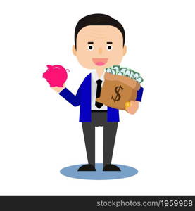 Businessman Hold Money bag and pink pig saving. Business cartoon concept. illustration isolated on white background in flat style