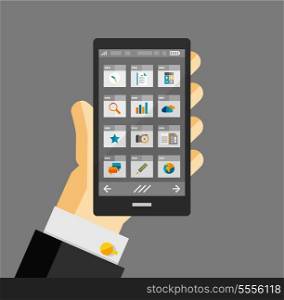 Businessman hold smartphone with apps. Responsive flat ui design