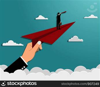 Businessman hold telescope stand on red paper plane flying in the sky with clouds. Business financial concept, Leadership, Creative idea, startup, Vision, Vector illustration