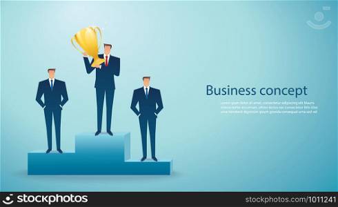 businessman hold the gold trophy successful winner. business concept vector illustration