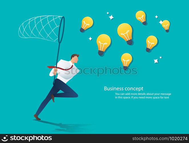 businessman holding a butterfly net try to catch light bulb. idea concept