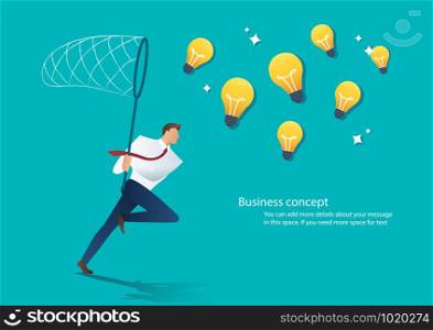 businessman holding a butterfly net try to catch light bulb. idea concept