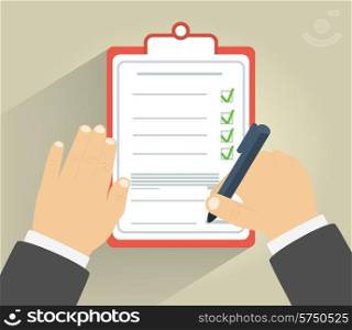 Businessman holding a clipboard and writing signature