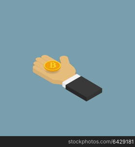 Businessman holding a coin Bitcoins. . Businessman holding a coin Bitcoins. Isometric vector illustration.