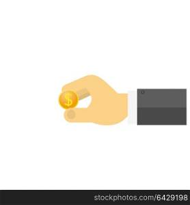 Businessman holding a dollar coin in his hand .. Businessman holding a dollar coin in his hand on a white background. Vector illustration .