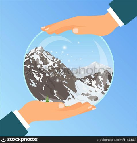 Businessman holding a glass bowl with vacation dream to the mountain, vector illustration. Hand holding glass bowl with mountains
