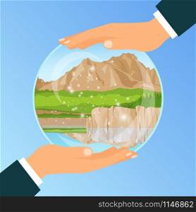 Businessman holding a glass bowl with vacation dream to the river, vector illustration. Glass bowl with vacation dream